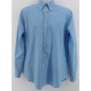 Polo Ralph Lauren Shirt Men's M Sky Blue Gingham Long Sleeve Yellow‎ Pony
